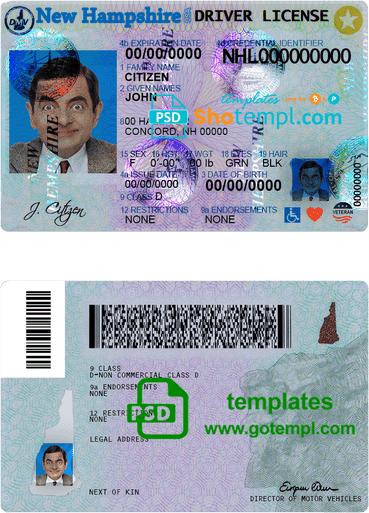 USA New Hampshire driving license template in PSD format