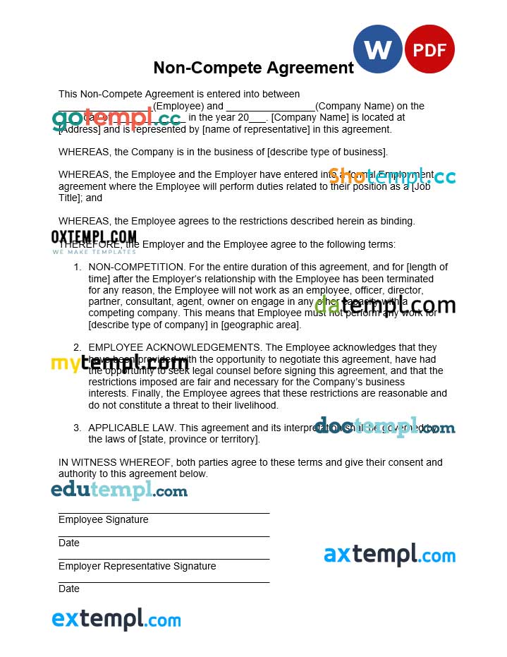 non-compete agreement template, Word and PDF format, version 2