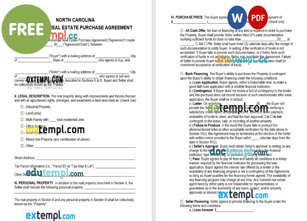 North Carolina commercial real estate purchase agreement template, Word and PDF format
