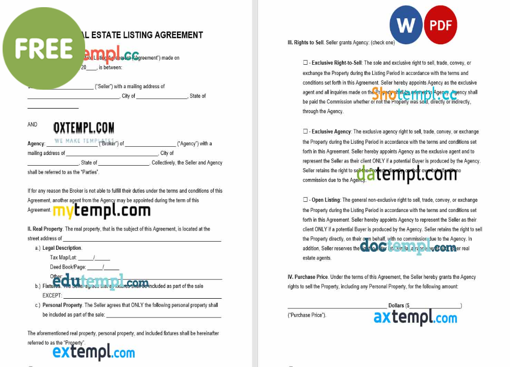 Ohio real estate listing agreement template, Word and PDF format