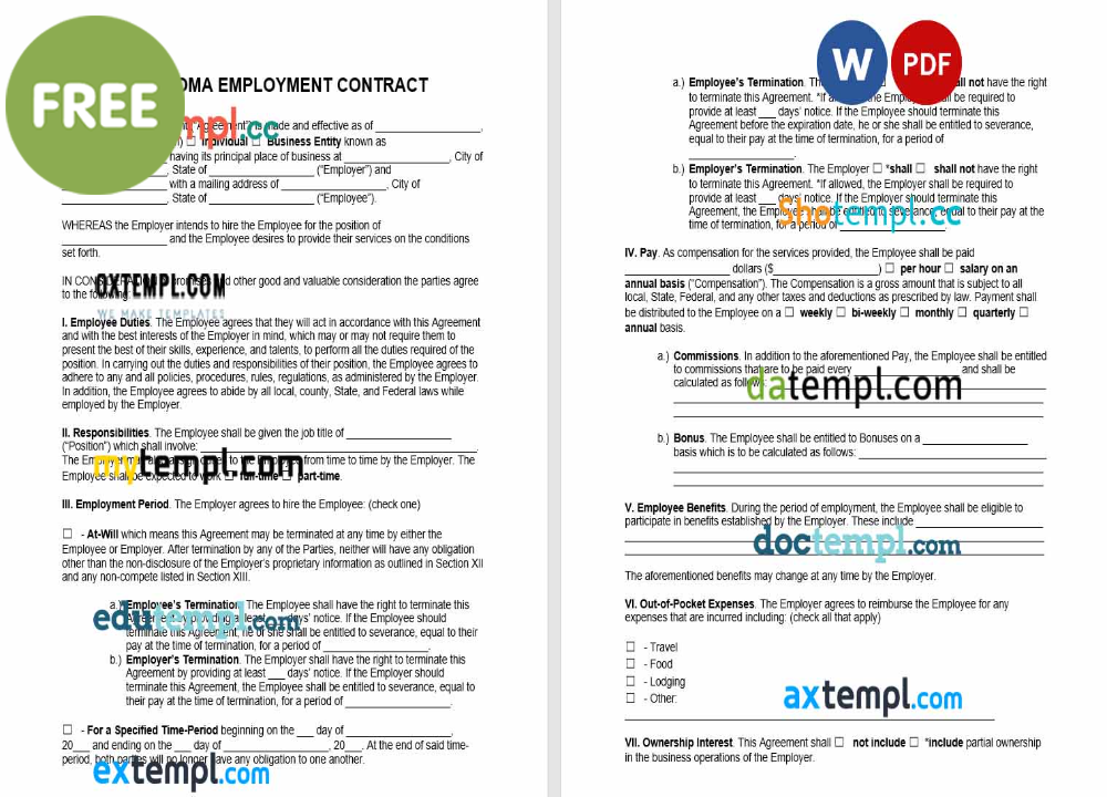 Oklahoma employment contract template, Word and PDF format