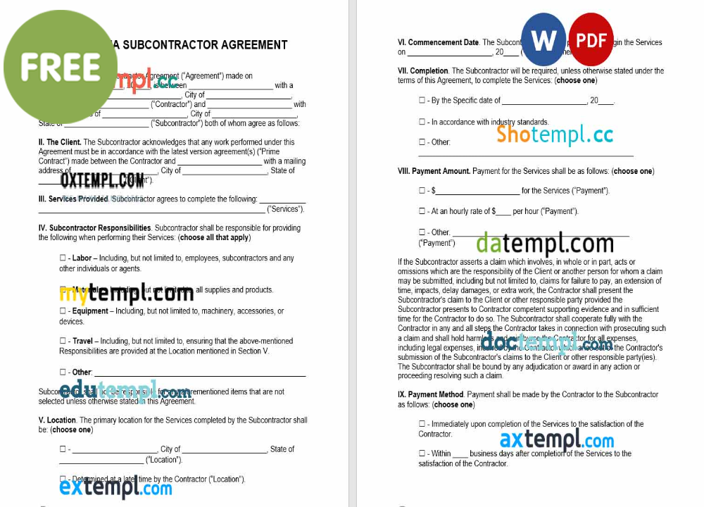 Oklahoma subcontractor agreement template, Word and PDF format