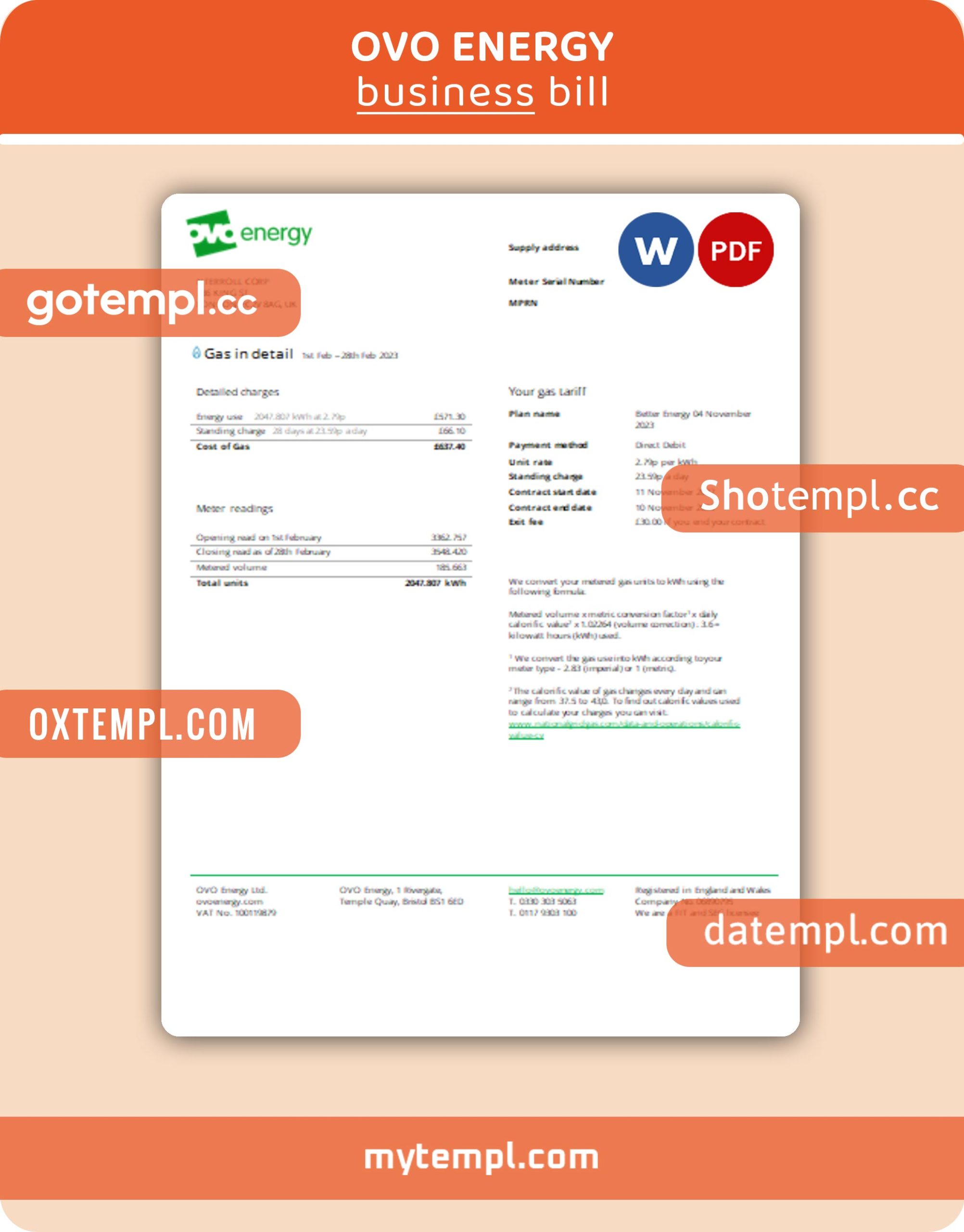 Ovo Energy business utility bill, Word and PDF template
