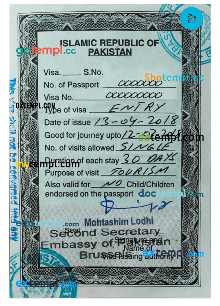 Pakistan entry visa PSD template, with fonts