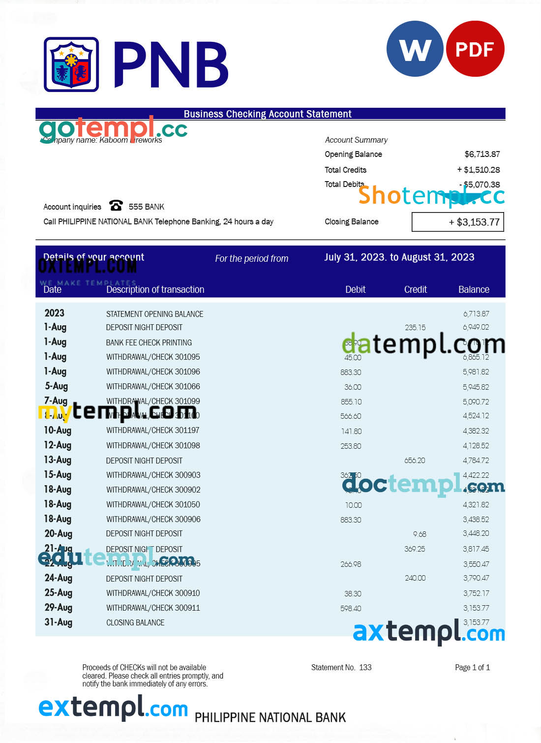 Peru Citibank bank statement easy to fill template in .xls and .pdf file format