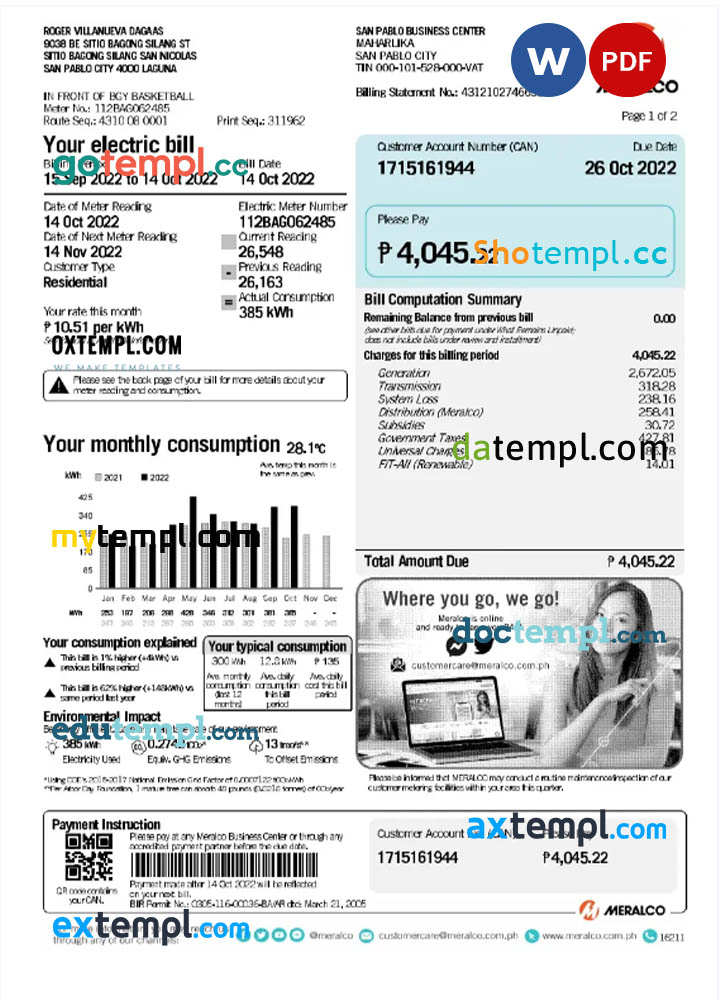 Philippines Meralco utility bill Word and PDF template