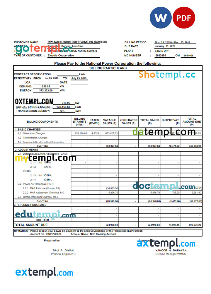 Philippines Tawelco utility bill Word and PDF template