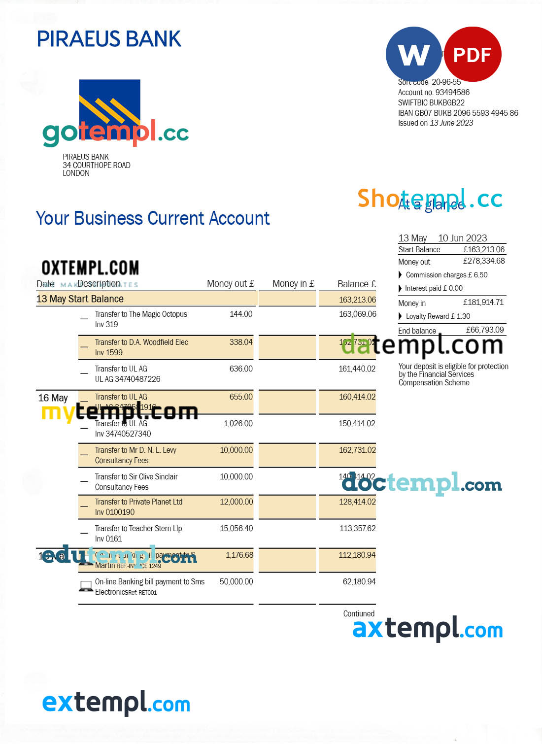 Piraeus Bank Business statement Word and PDF template