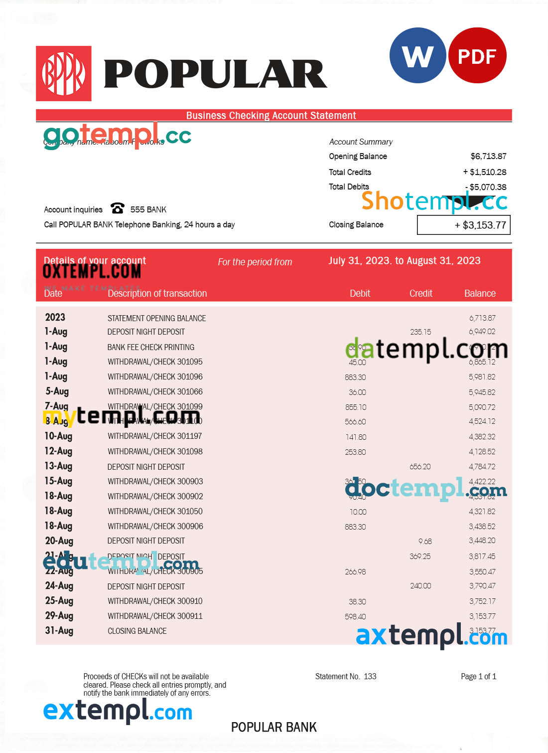 Popular Bank firm account statement Word and PDF template