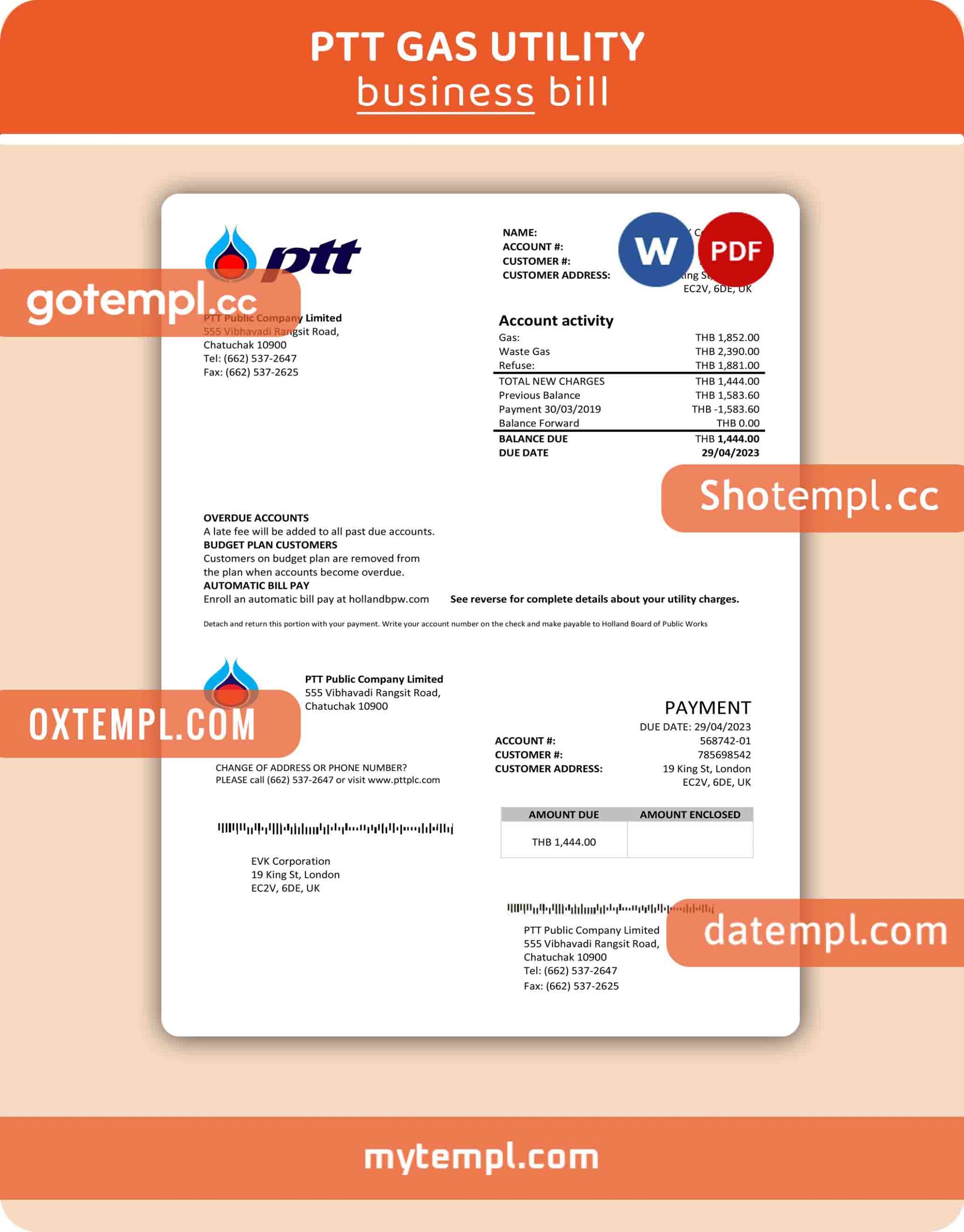 PTT gas business utility bill, Word and PDF template, 4 pages, version 3