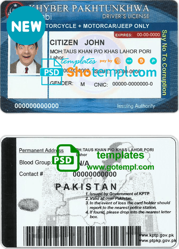 Pakistan driver license template in PSD format, with all fonts, fully editable