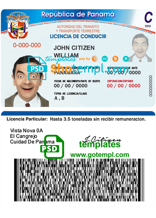 Panama driving license template in PSD format, fully editable