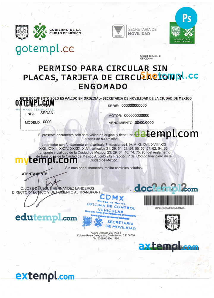 Mexico Permiso Para Circular Sin Placas PSD template, fully editable