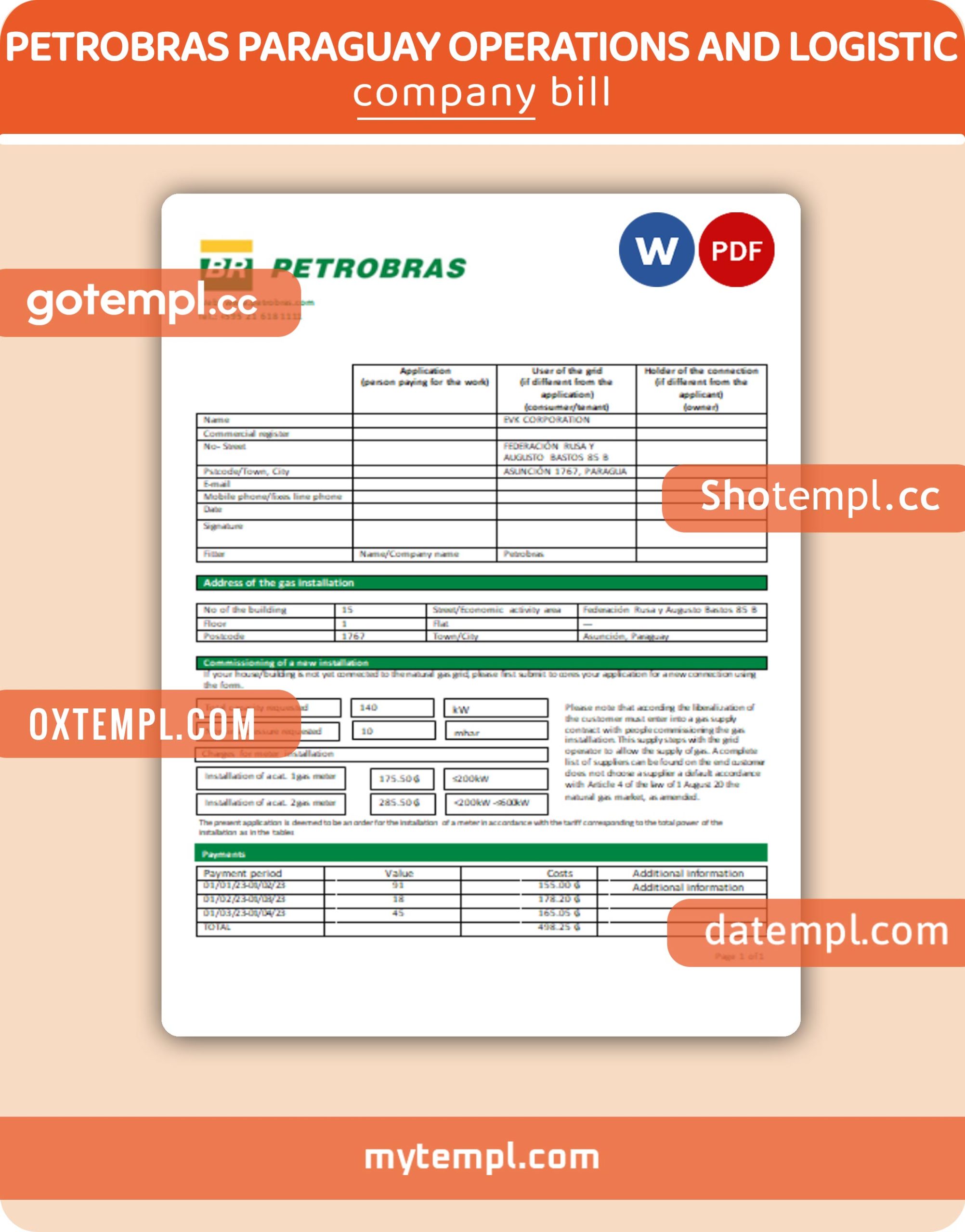 Petrobras Paraguay Operations and Logistics gas utility business bill, Word and PDF template, 4 pages, version 3