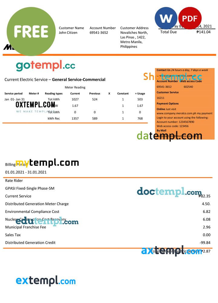 Philippines Manila Electric Company (Meralco) electricity utility bill template in Word format