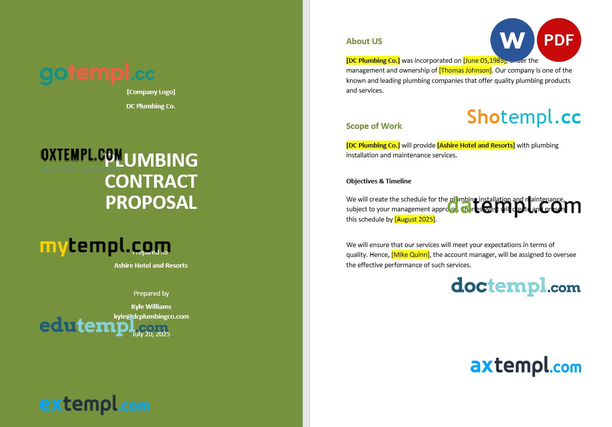 plumbing contract proposal template, Word and PDF format