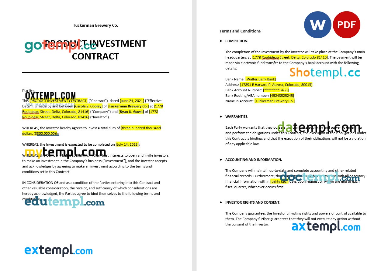 product investment contract template, Word and PDF format