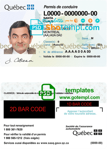 Canada Quebec driving license template in PSD format
