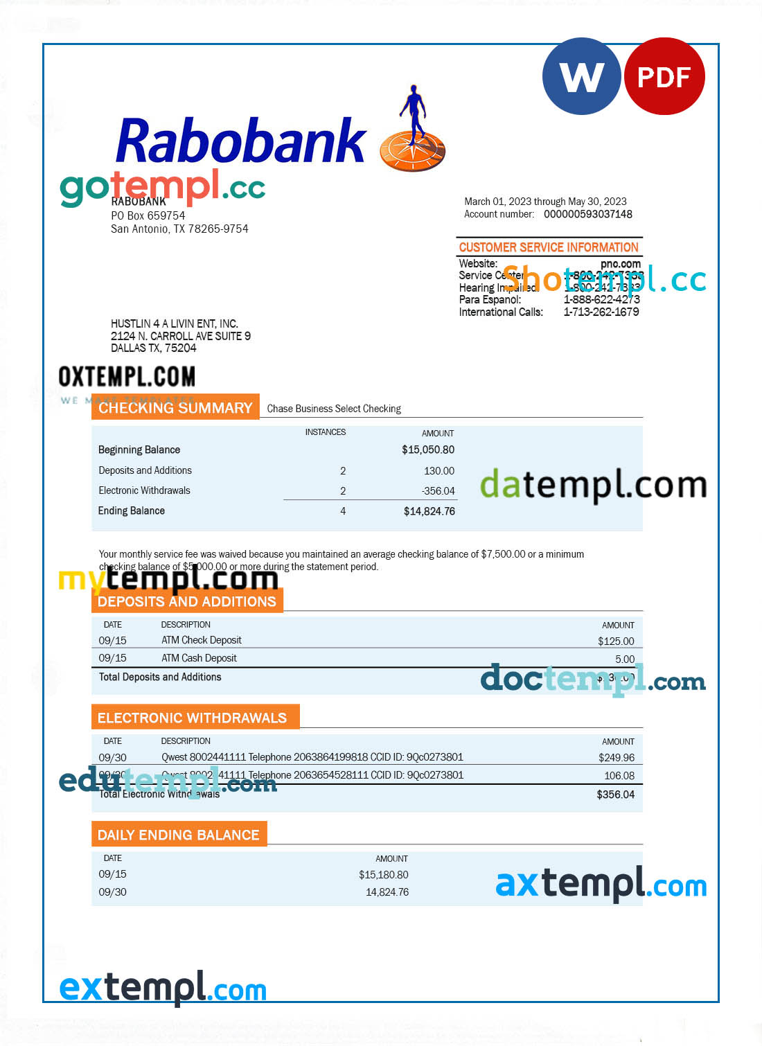 Rabobank bank organization account statement Word and PDF template
