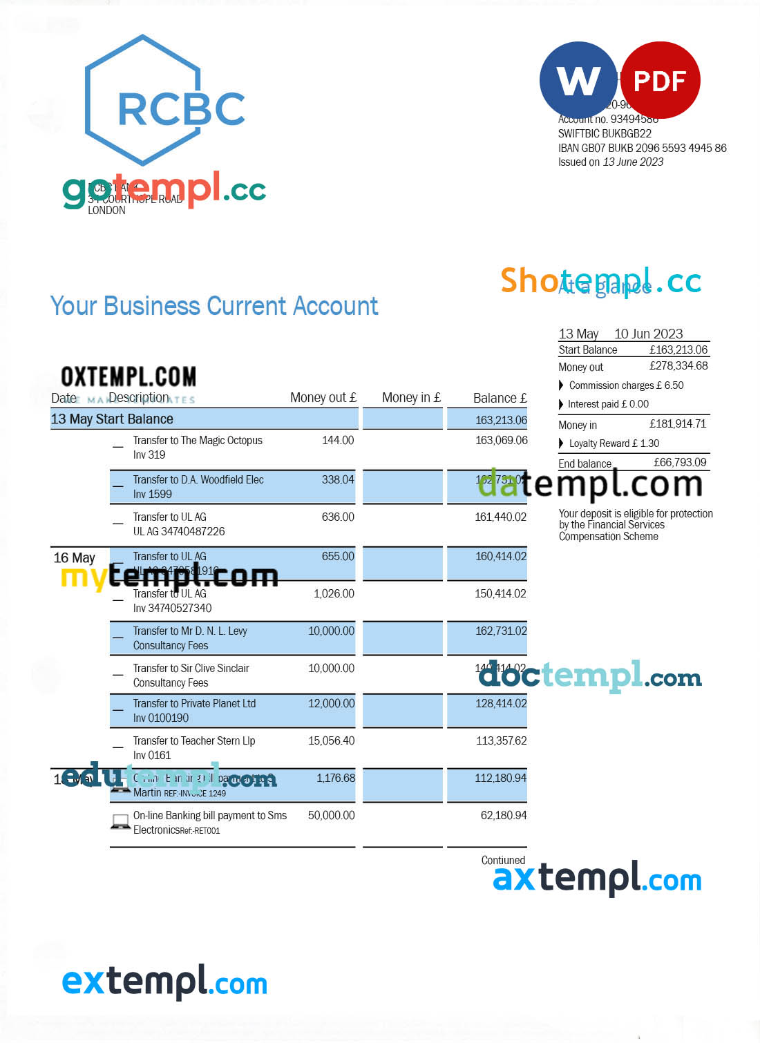 RCBC Bank organization account statement Word and PDF template