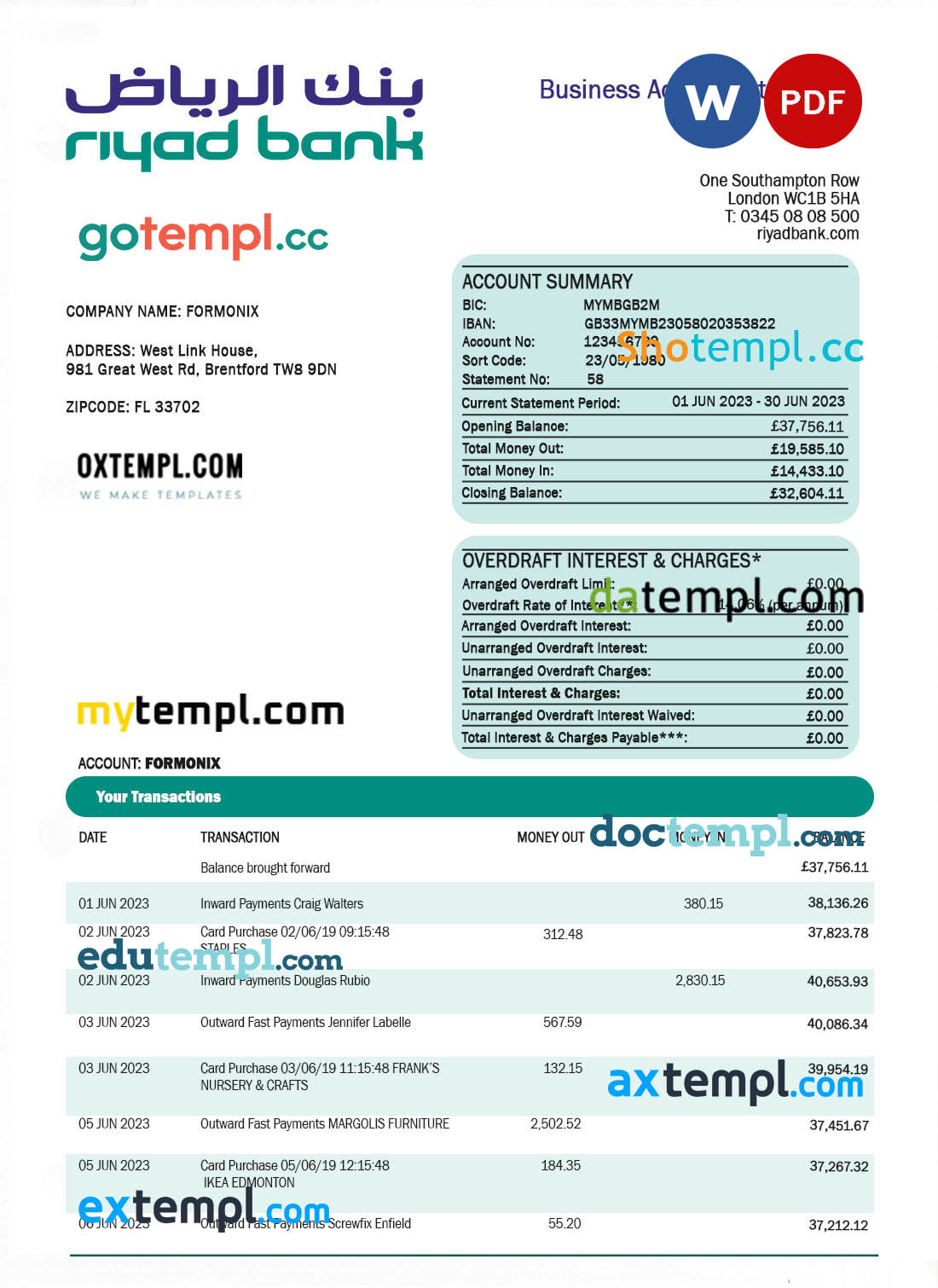 Virgin Money Bank firm account statement Word and PDF template