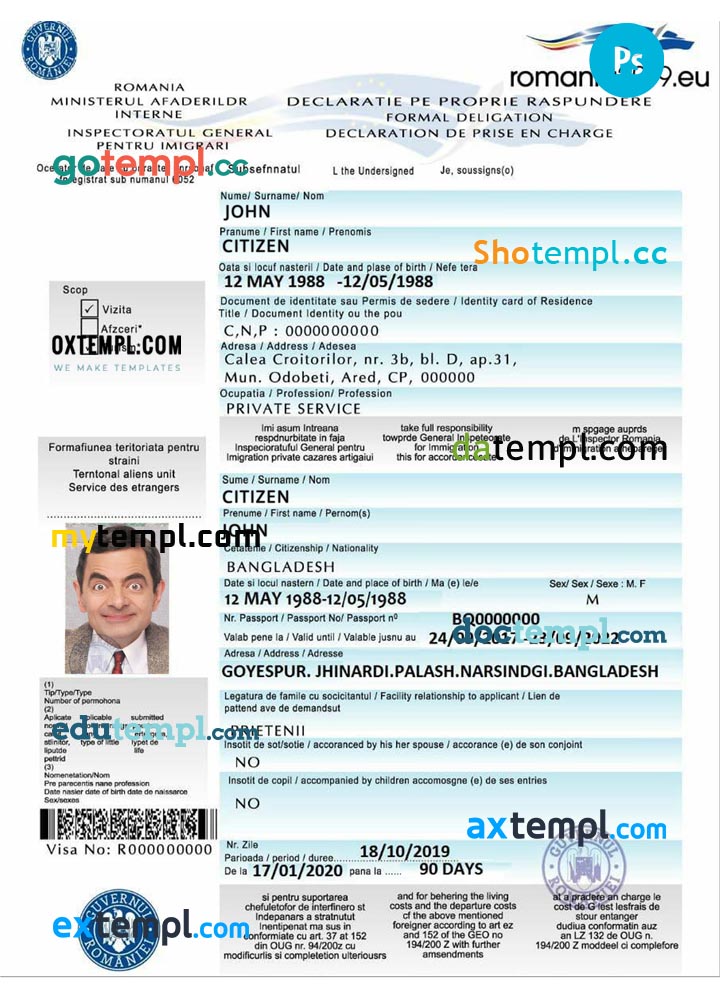 Romania electronic visa PSD template, with fonts