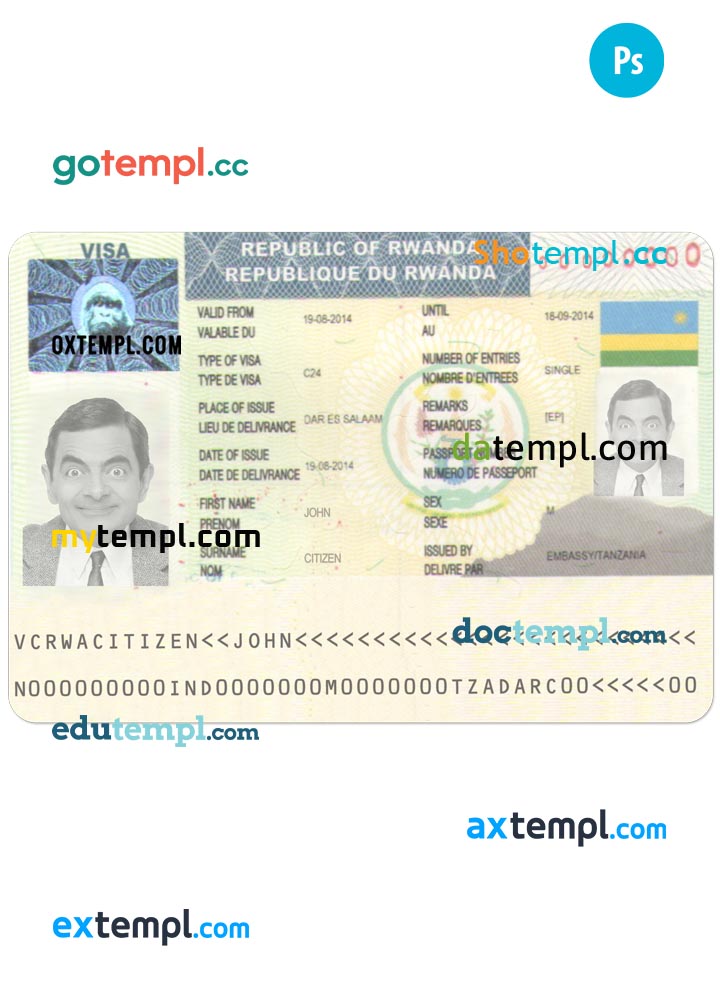 Rwanda travel visa PSD template, fully editable