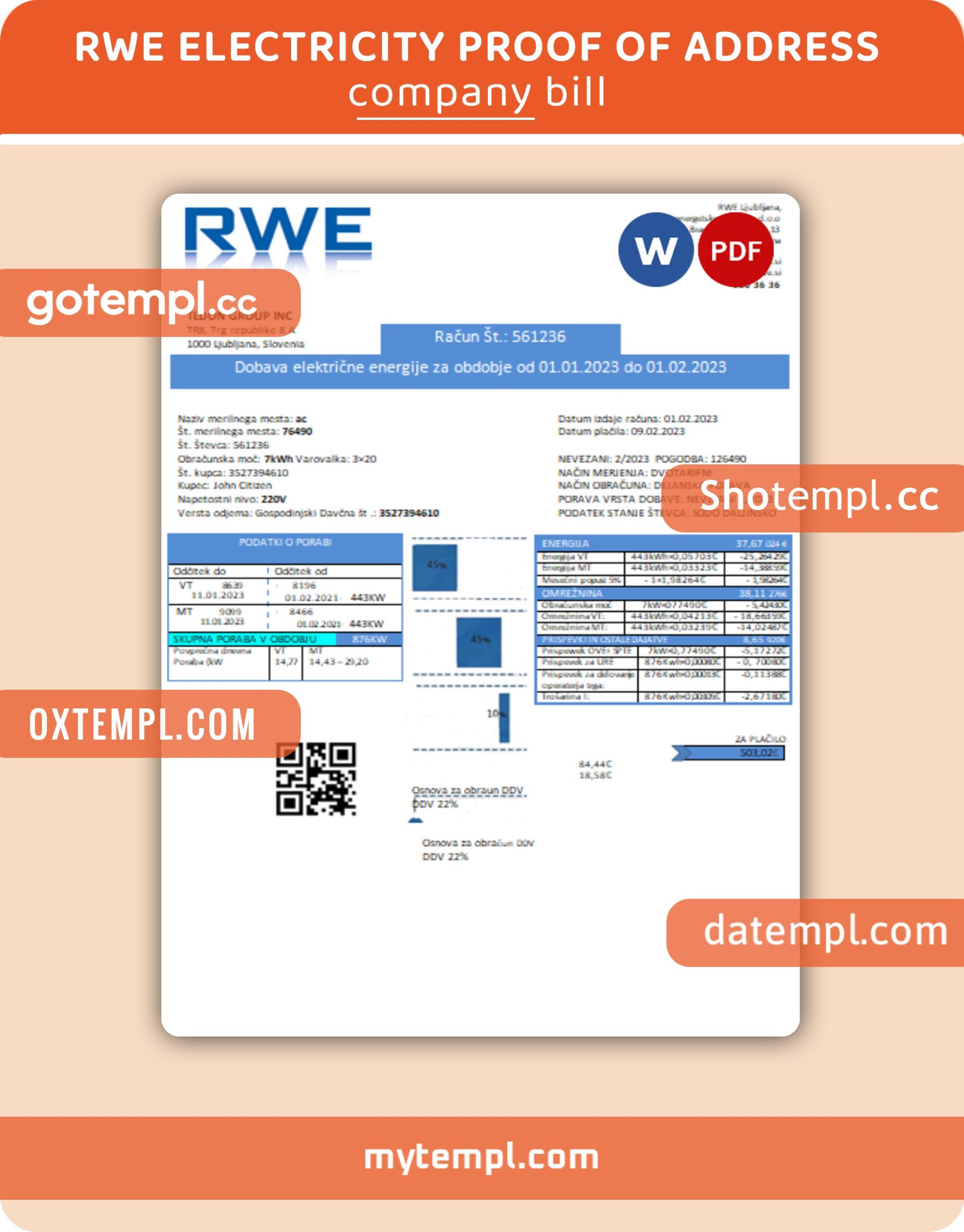RWE electricity proof of address business utility bill, Word and PDF template