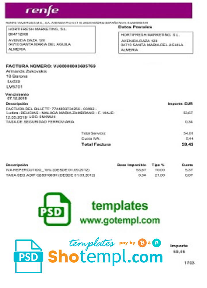 Latvia Renfe utility bill template, fully editable in PSD format