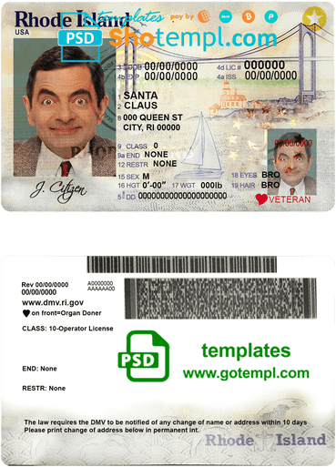USA Rhode Island state driving license template in PSD format