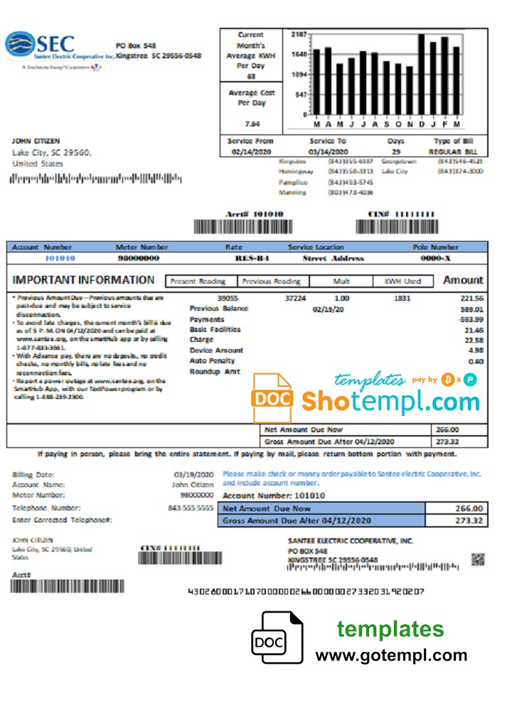 USA South Carolina Santee Electric Cooperative (SEC) proof of address utility bill template in Word and PDF format