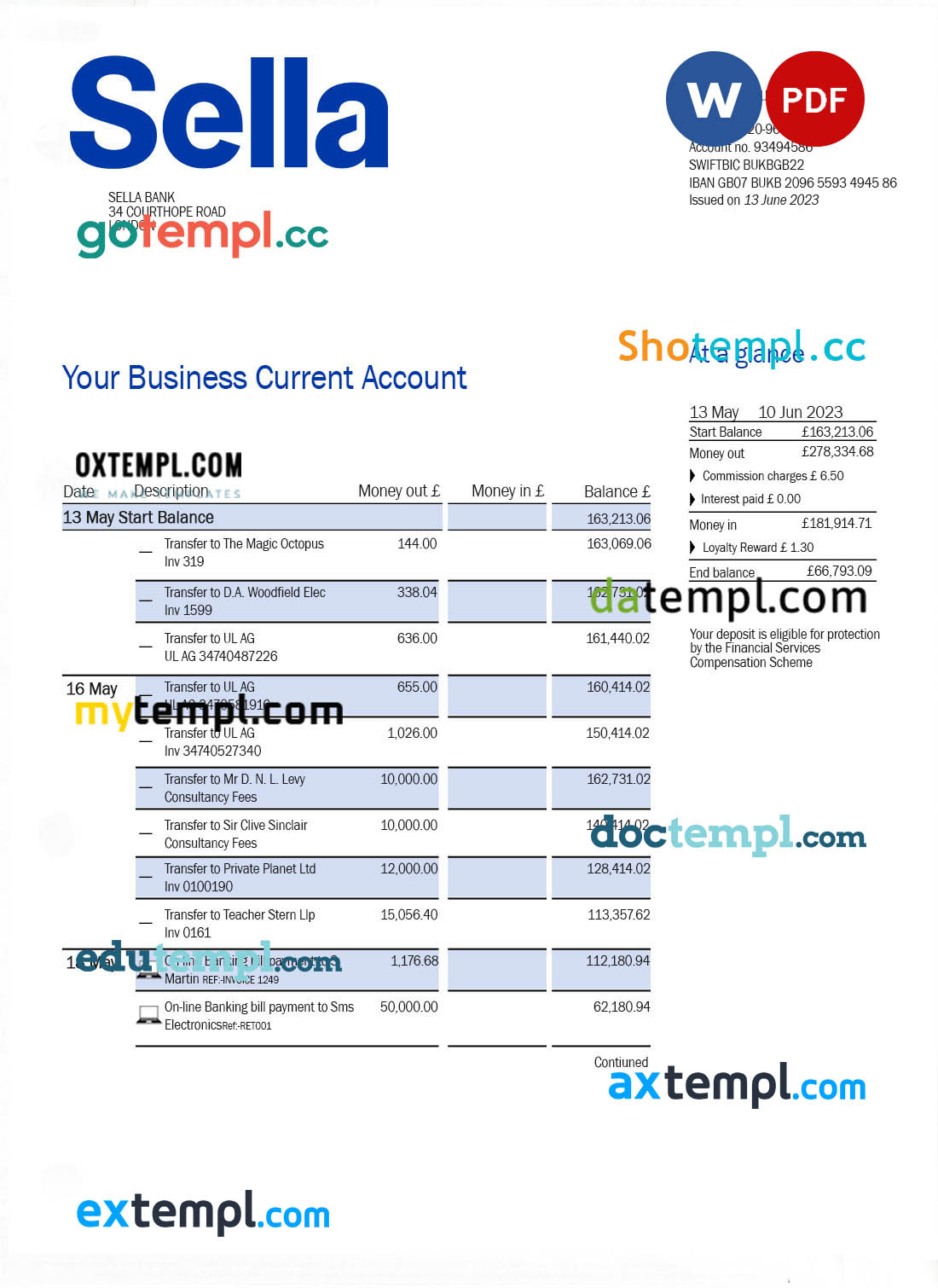 Sella Bank business checking account statement Word and PDF template