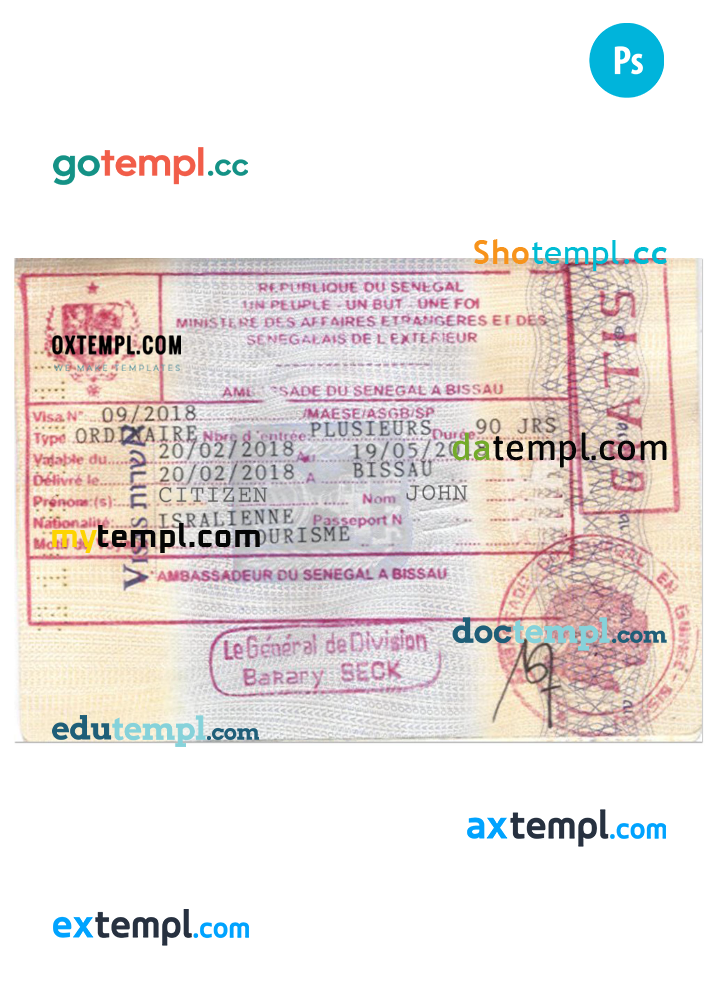 Senegal tourist visa stamp PSD template, with fonts