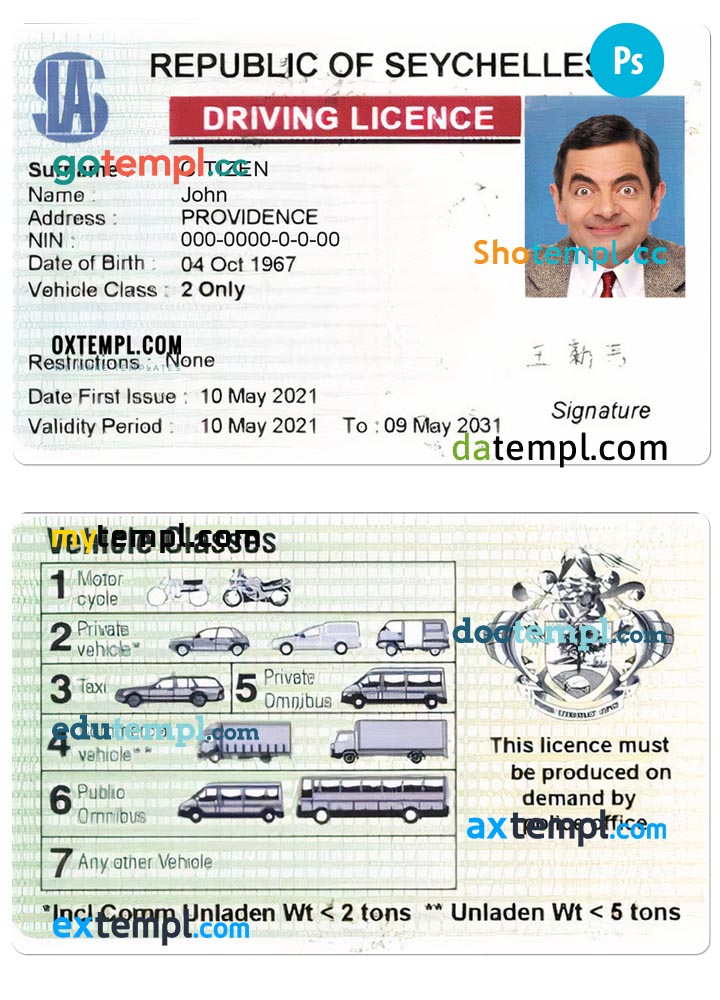 Seychelles driving license template in PSD format, with fonts