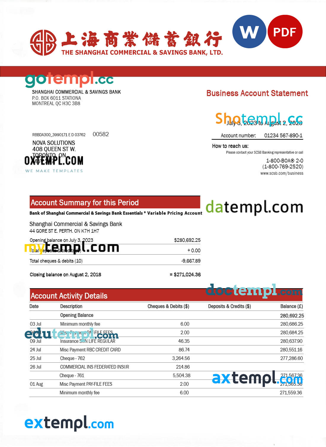 Shanghai Commercial & Savings Bank firm account statement Word and PDF template