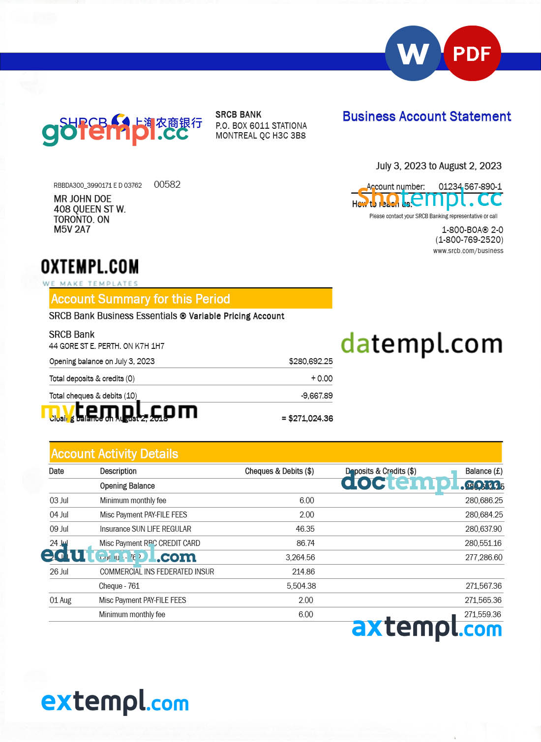 BTG Pactual Bank business checking account statement Word and PDF template