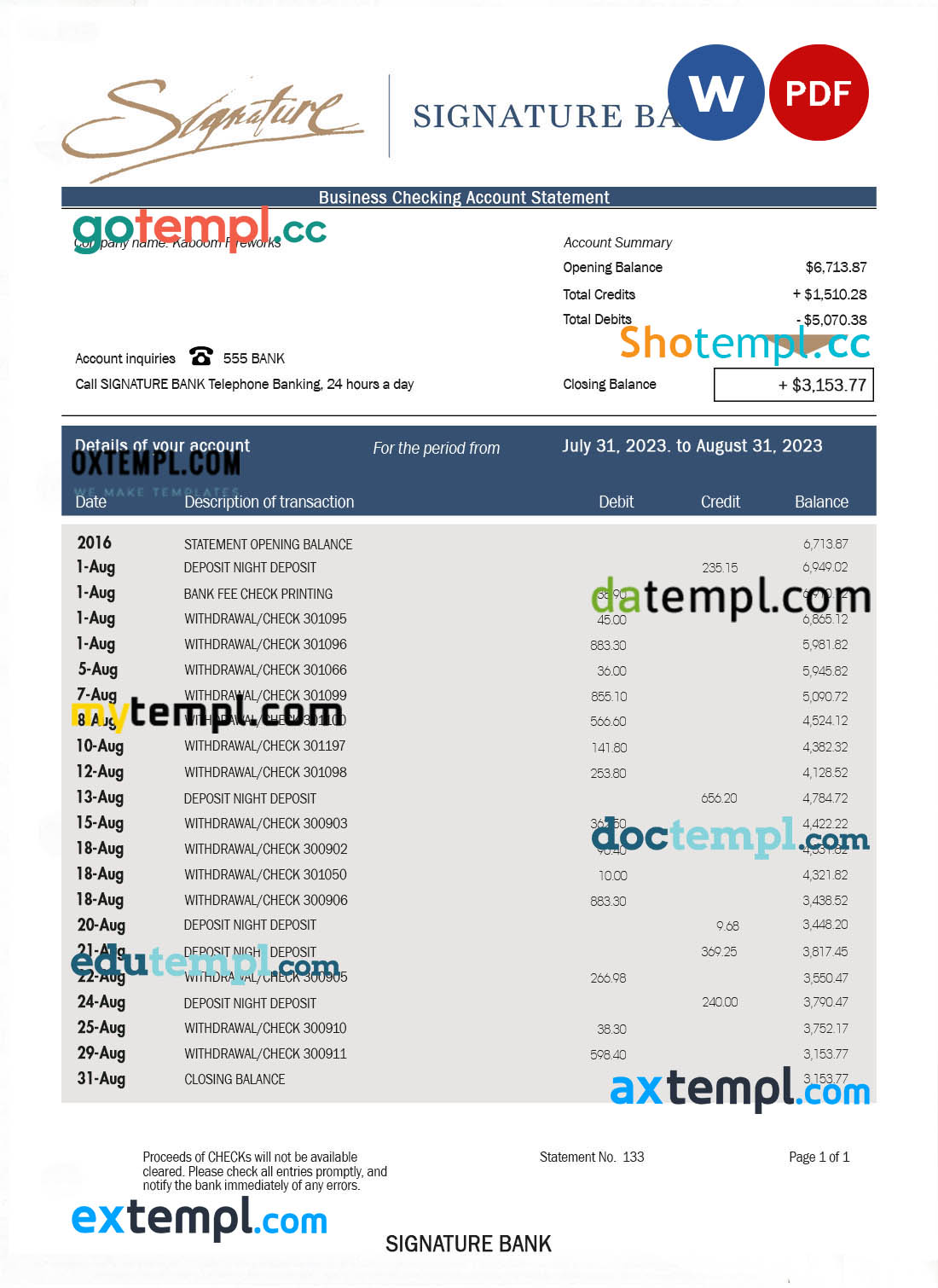 Signature Bank enterprise statement Word and PDF template