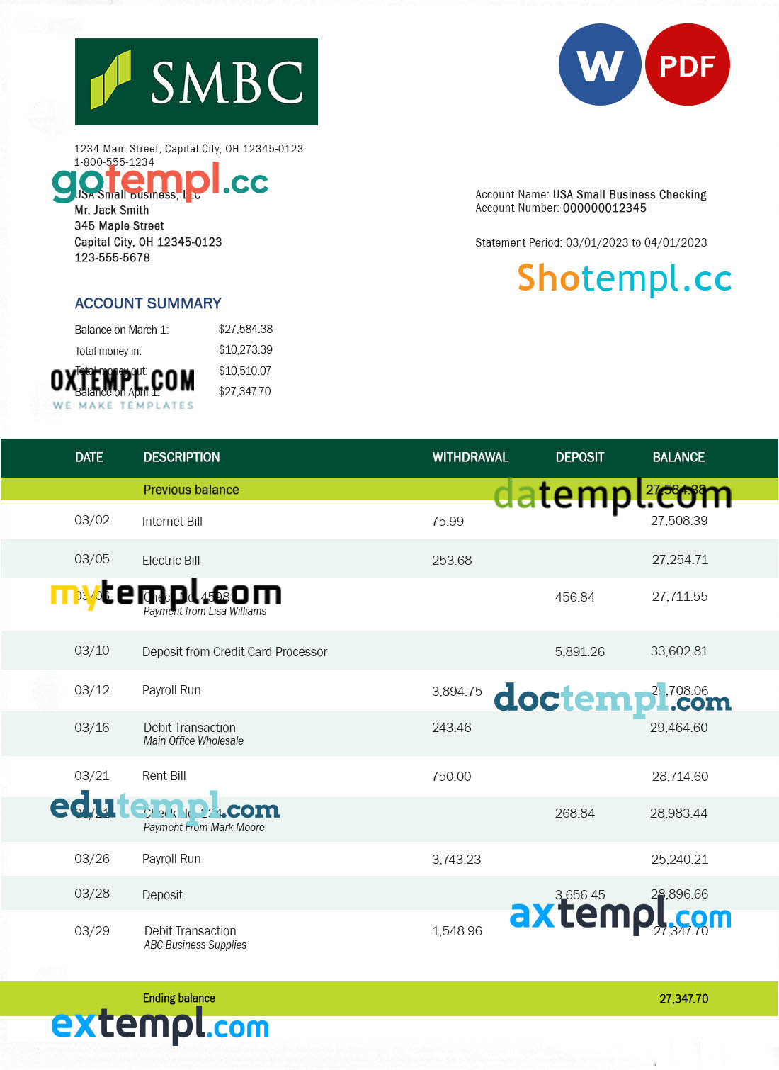 Zambia Cavmont bank statement template in Word and PDF format