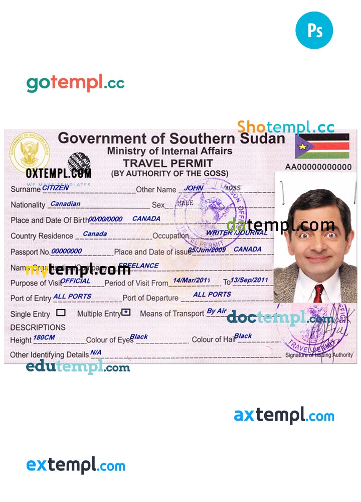 South Sudan travel permit - visa PSD template, completely editable, with fonts