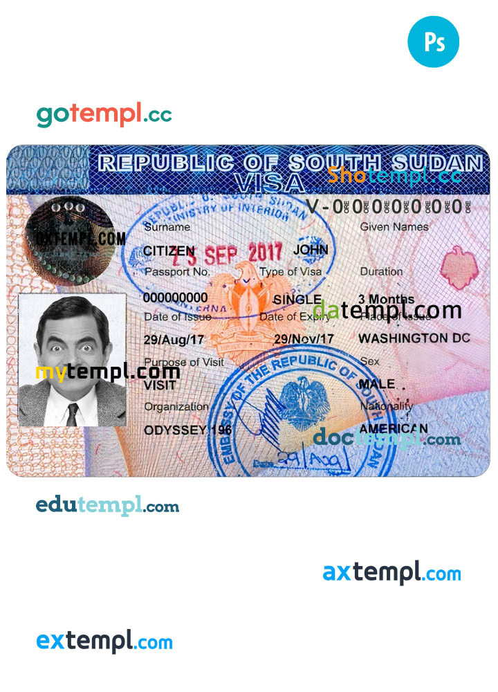 South Sundan travel visa PSD template, with fonts