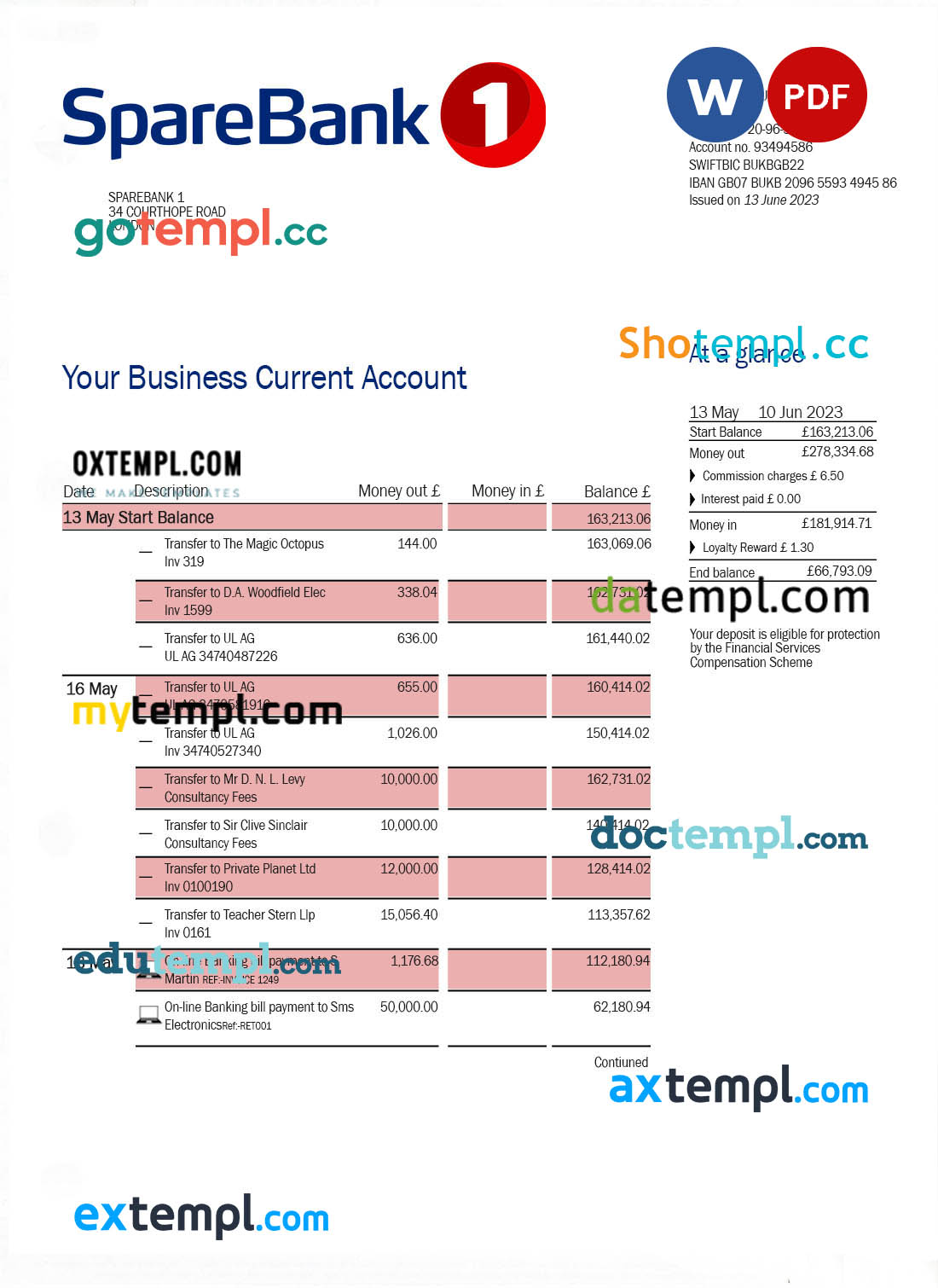 Sparebank 1 firm account statement Word and PDF template