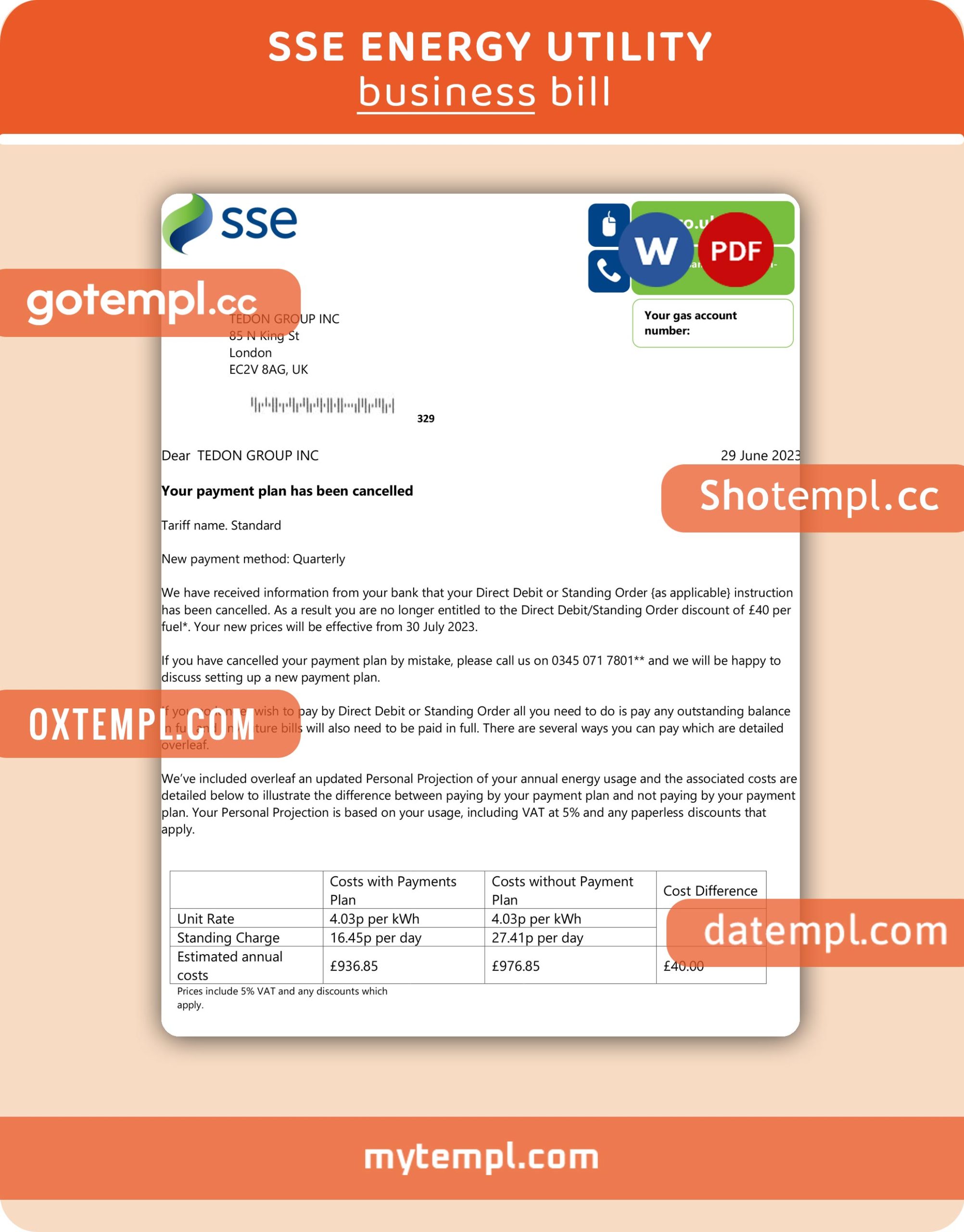 SSE Energy business utility bill, Word and PDF template, 2 pages