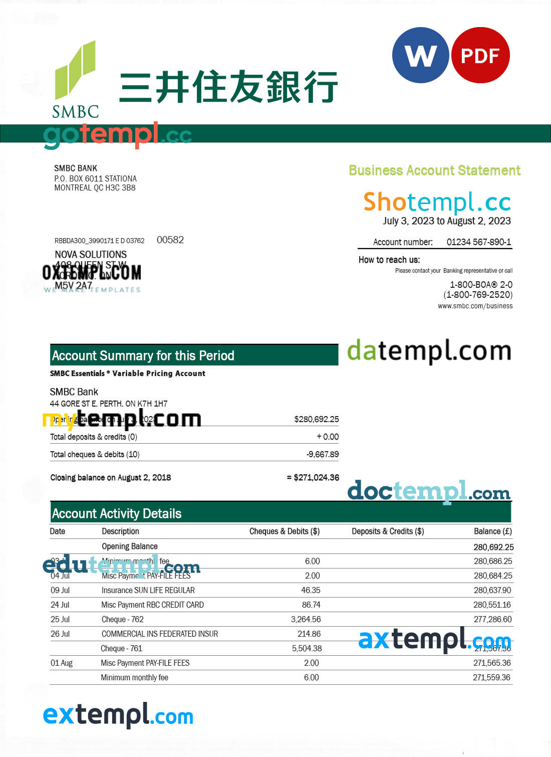 Sumitomo Mitsui Financial Group enterprise account statement Word and PDF template
