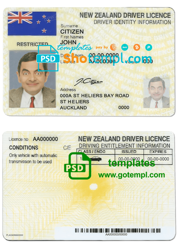 New Zealand driving license template in PSD format, fully editable