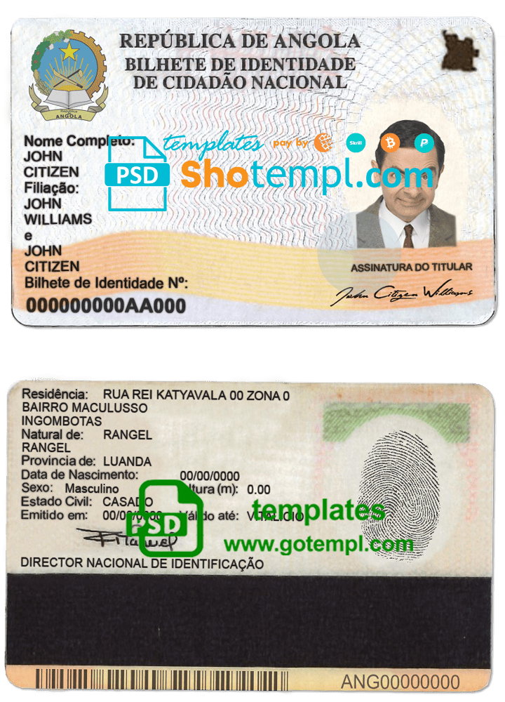 Angola ID card template in PSD format, with fonts