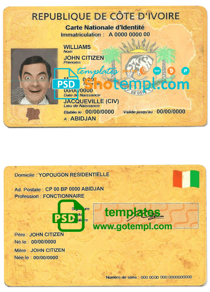 Cote D'Ivoire ID card template in PSD format, fully editable