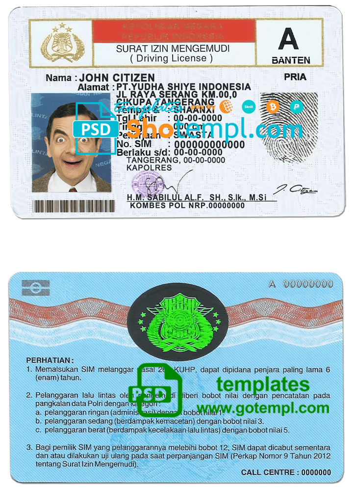 Indonesia driving license template in PSD format, fully editable