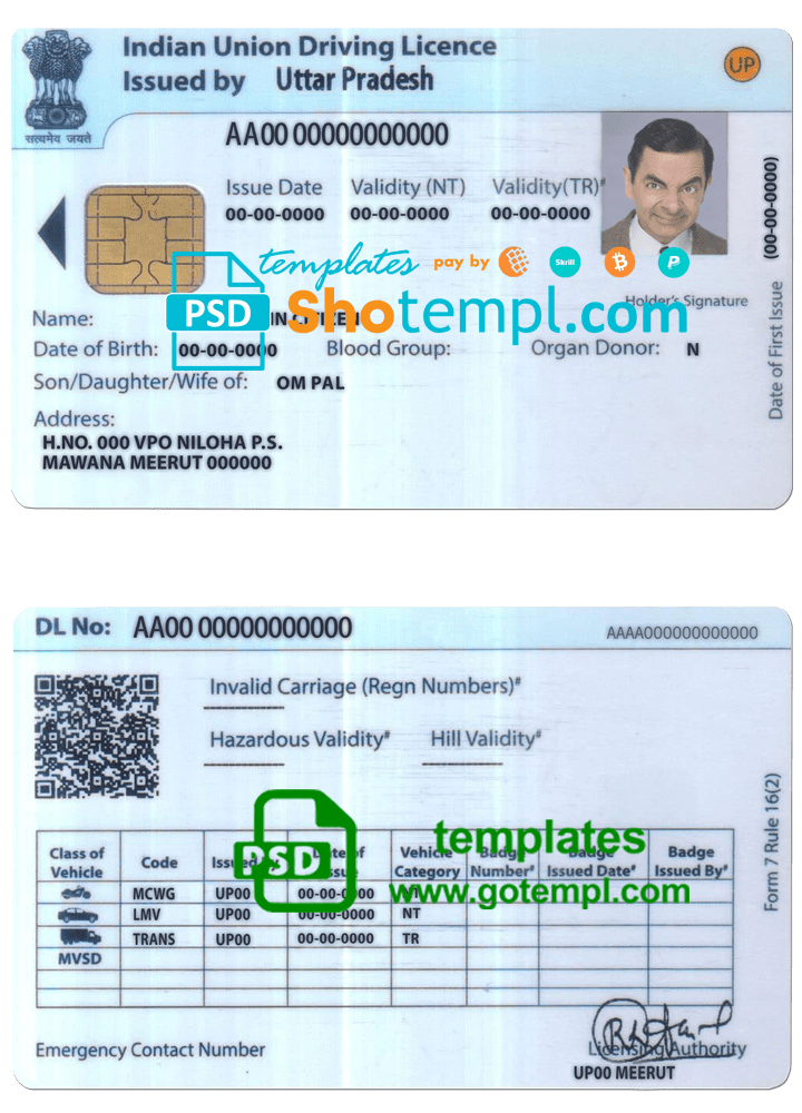 India Union driving license template in PSD format, fully editable