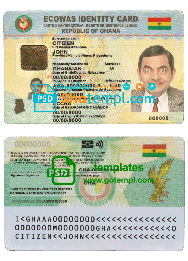 Ghana ID template in PSD format, fully editable, with all fonts