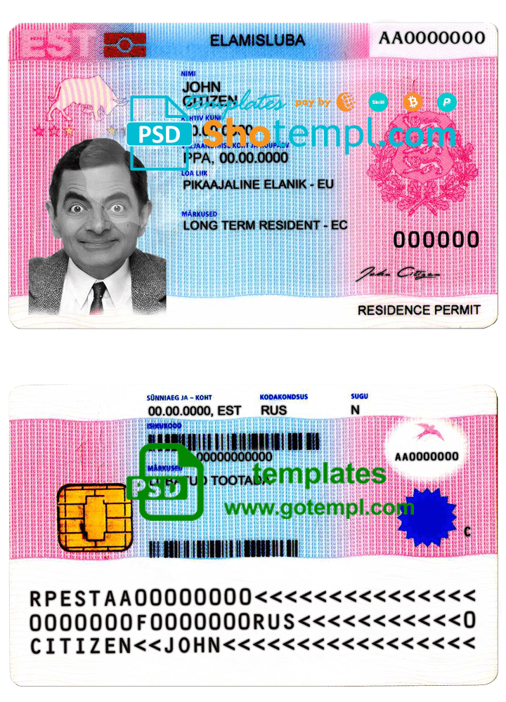 Estonia residence permit template in PSD format, fully editable
